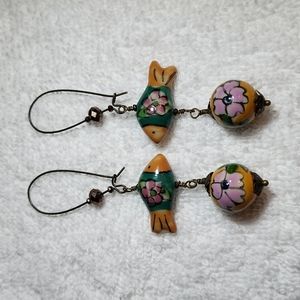 Pink/orange/green fish and flowers dangle earrings